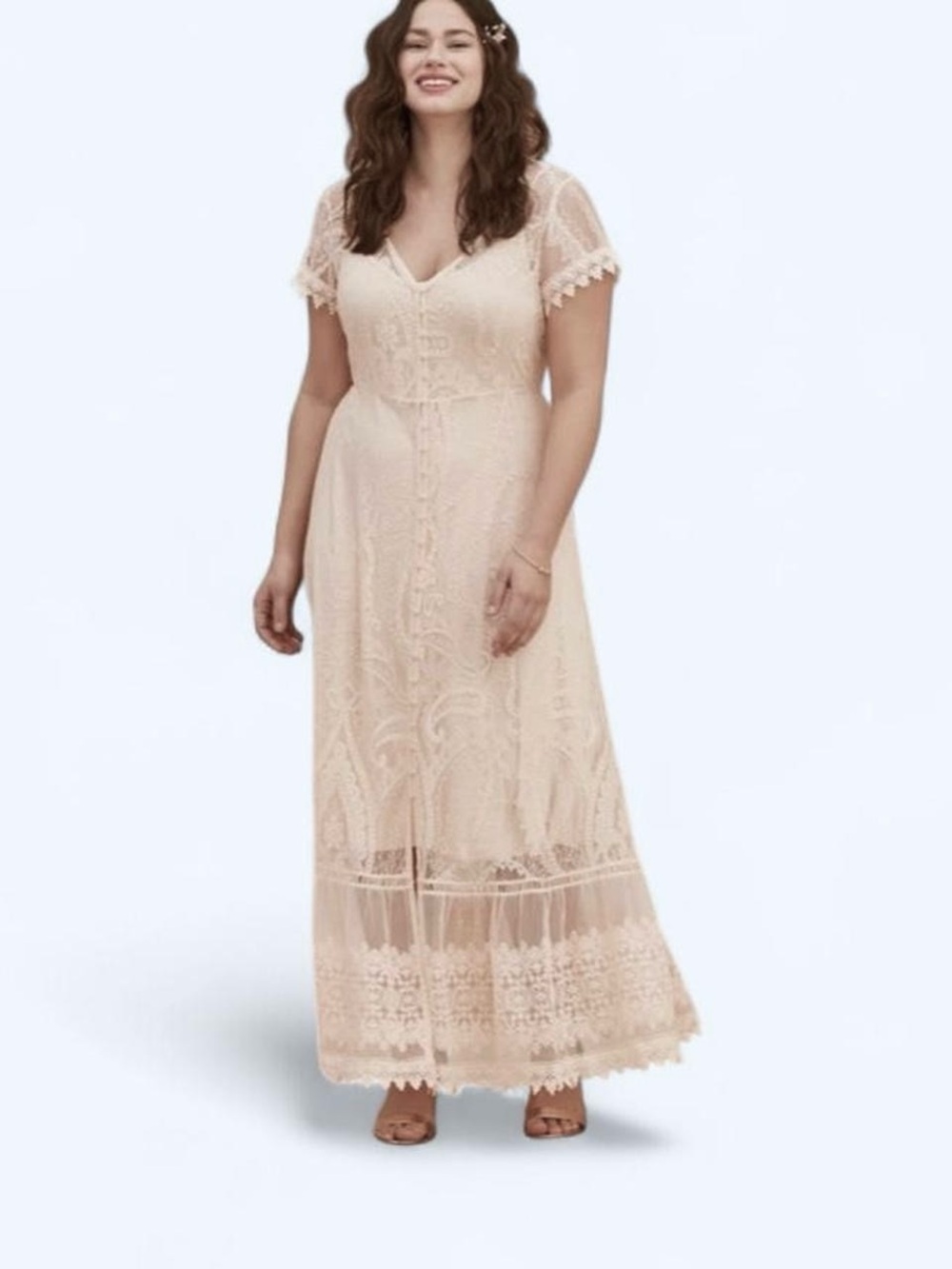 NWT Womens Torrid Ivory Maxi Lace Button-Front Dress